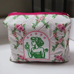 Quilted Makeup Bag Floral Vintage Woman And Patron Pink Green White 7"x 5.5"x 3"